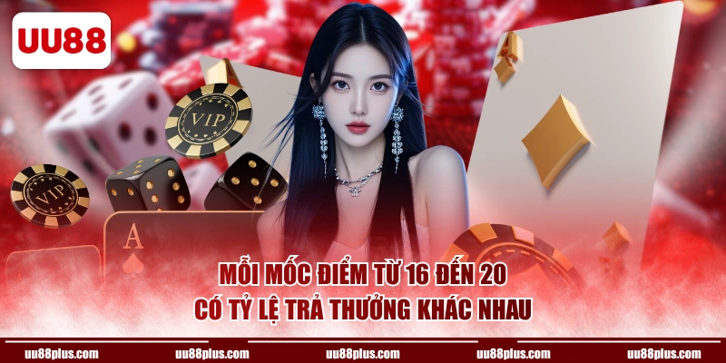Mỗi mốc điểm từ 16 đến 20 có tỷ lệ trả thưởng khác nhau